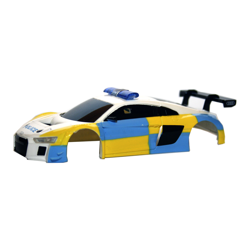 Bild 1 von Ersatzkarosserie für AGM Top Racer Slotcar - Audi Quattro R8 LMS - Police Car Weiß/Gelb/Blau